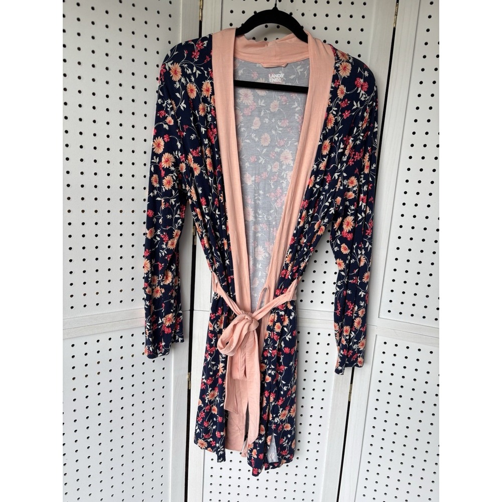 Lands'‎ End Women's M House Coat Floral Robe Lightweight Tie Midi Rayon Blend